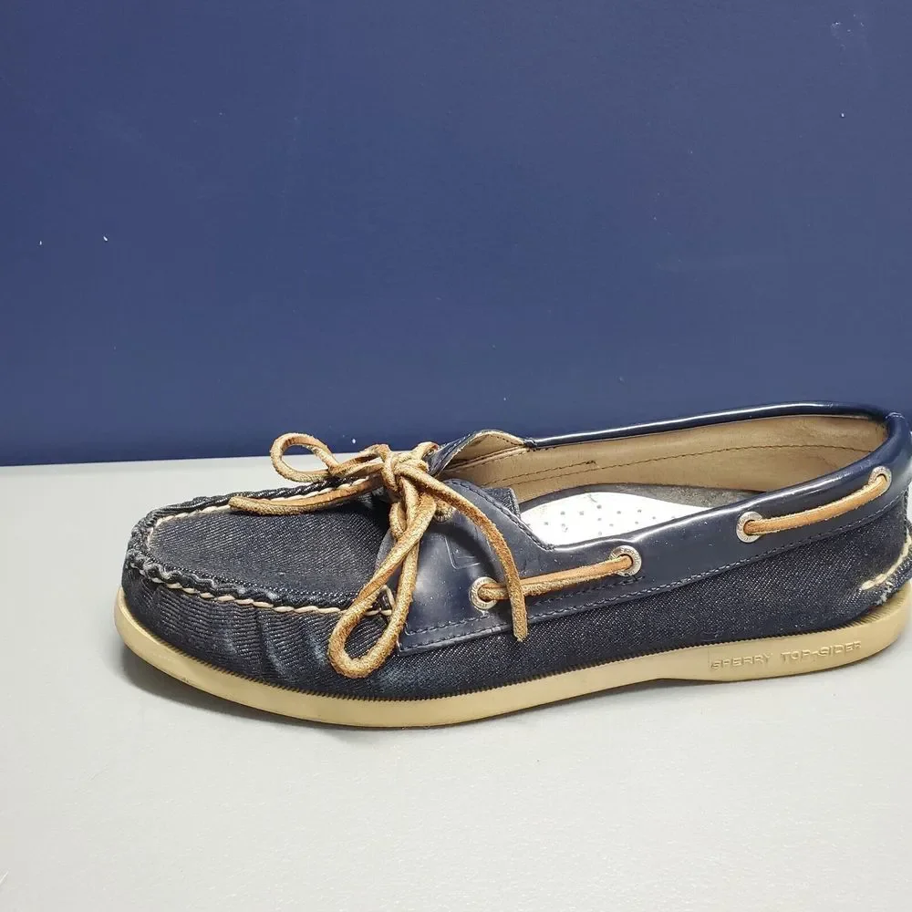 SPERRY Top Sider Angelfish Boat Shoes Women 7.5 Navy Denim 2 Eye Slip On 9294307